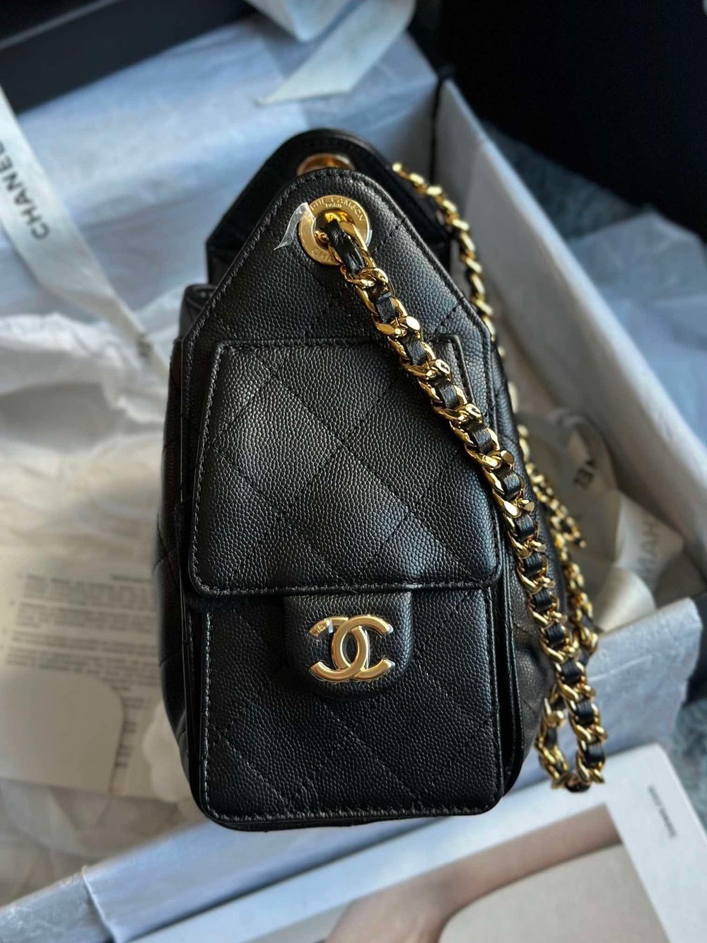SOLD-CHANEL Mini Black Quilted Leather Drawstring Shoulder Bag with Gold Hardwar - Picture 4 of 8